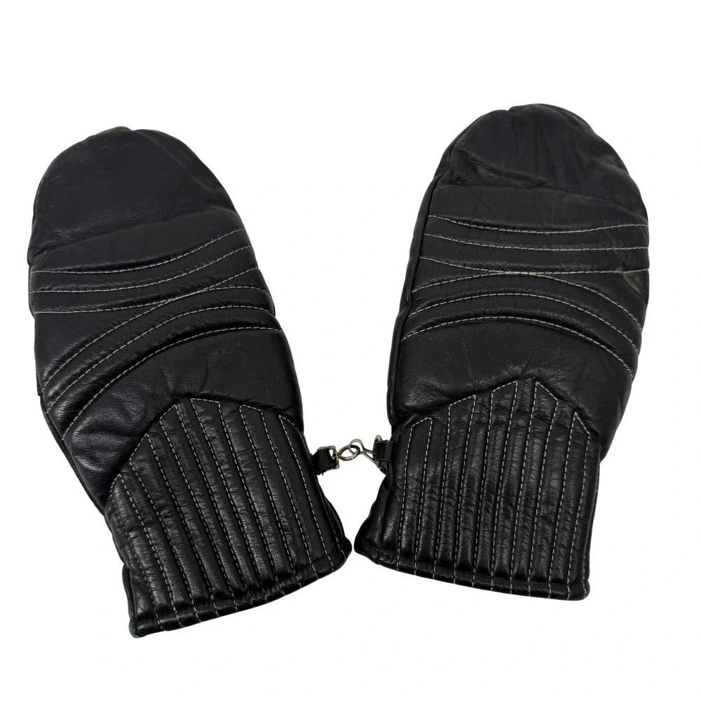 Vintage Grandoe Leather‎ Mittens Lined Black Gloves Winter Ladies Large